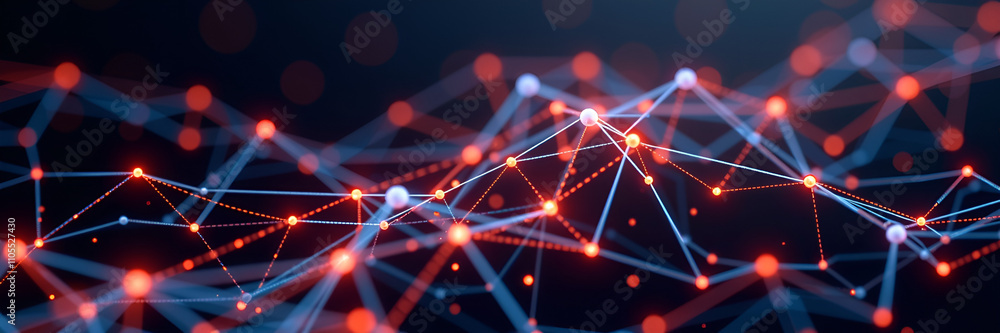 Poster connected points in a digital network structure with vibrant blue and red colors, ideal for technolo