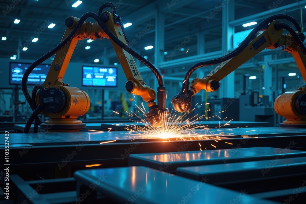 Poster advanced robotic welding process in a modern industrial setting with sparks flying and innovative te