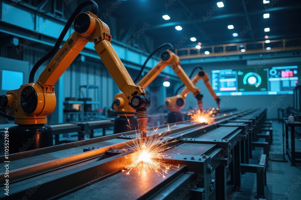 Poster automatic welding equipment in modern industrial setting with robotic arms producing sparks and prec