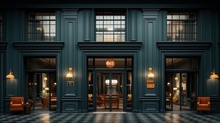 Elegant interior view of a stylish office lobby with dark green walls, decorative lighting, and orange armchairs, showcasing classic design elements and glass doors.