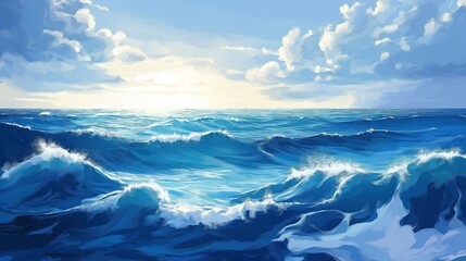 Ocean waves under a cloudy sky. Blue ocean waves with white foam. Calm seascape. Peaceful and relaxing ocean view. Vivid colors portray ocean palette.