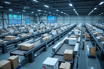 Efficient Package Sorting Facility with Rows of Conveyor Belts and Packed Boxes Ready for Distribution in a Modern Warehouse Environment
