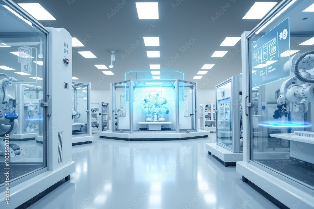 Poster futuristic factory interior featuring advanced robotics and ai technologies for automation and produ