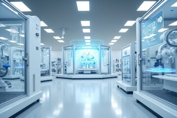 Futuristic Factory Interior Featuring Advanced Robotics and AI Technologies for Automation and Productivity Enhancement