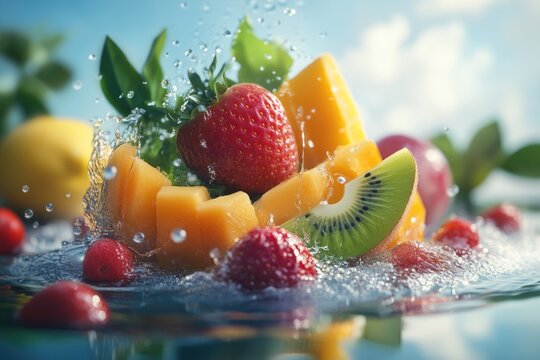 Fresh fruit splashing into water on sunny summer day
