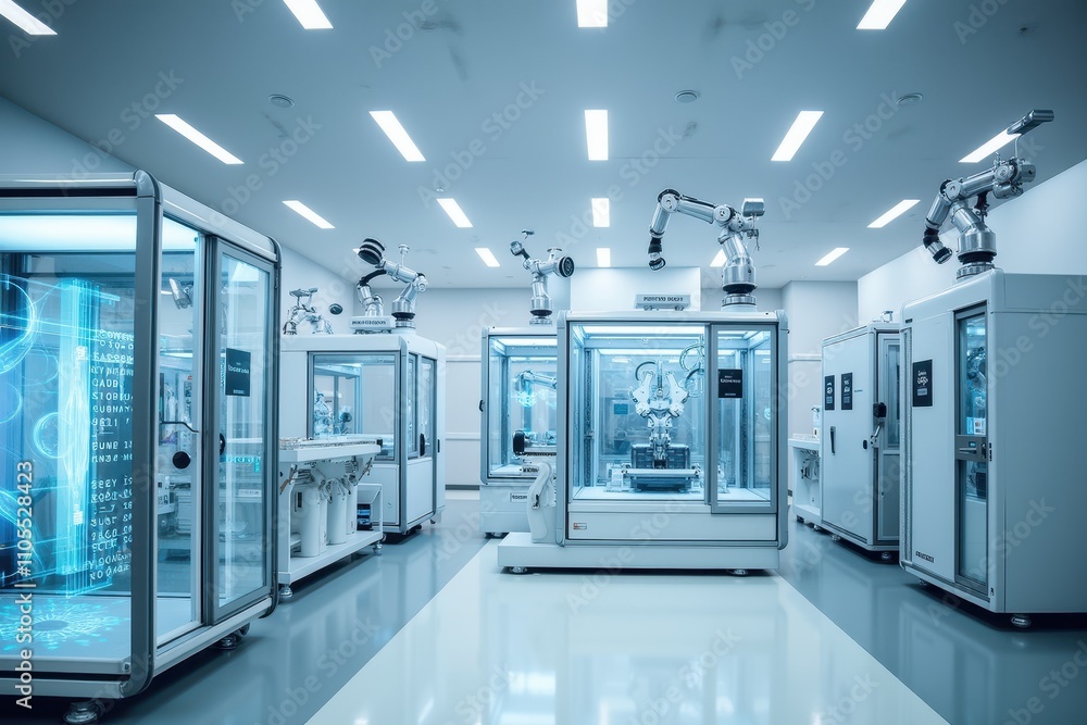 Poster high-tech factory interior featuring advanced robotics and artificial intelligence systems in a mode