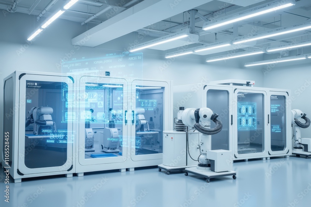 Poster high-tech factory interior showcasing advanced ai robotics and futuristic machinery for automation a