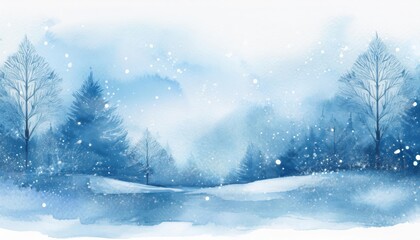 Watercolor Winter Landscape with lots of snow and a Cold Forest
