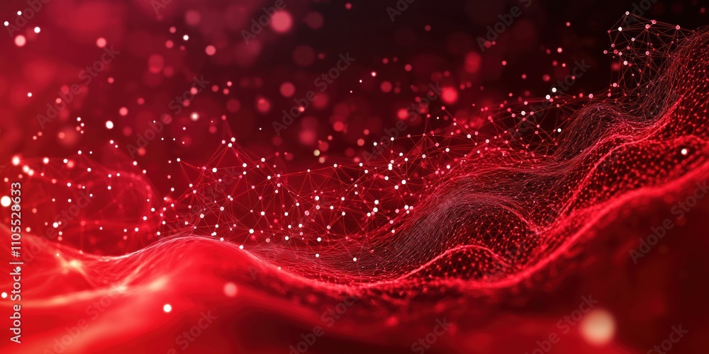 Poster abstract red background features network mesh, particle connections creating wavy design. dynamic in