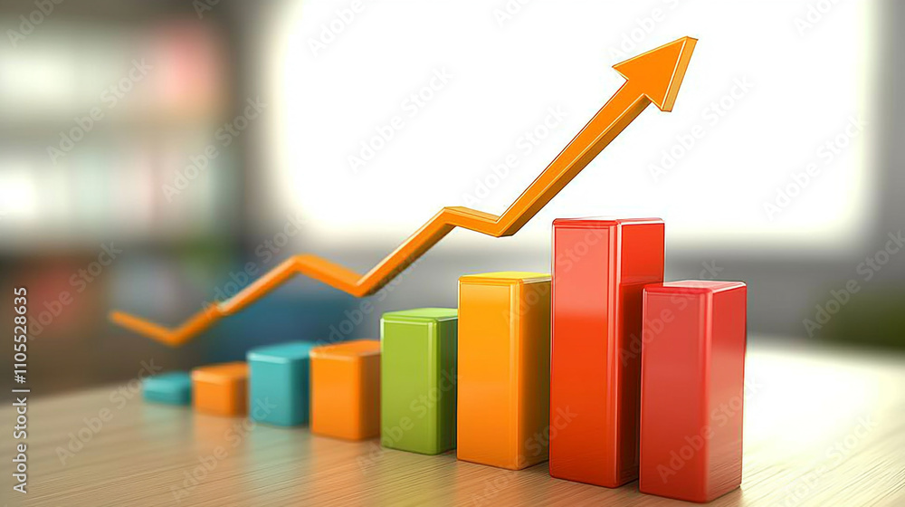 Poster data visualization showing an upward trend with colorful bars and a rising arrow