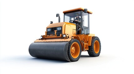 Fototapeta premium A male construction worker operates a bright orange roller on a construction site.