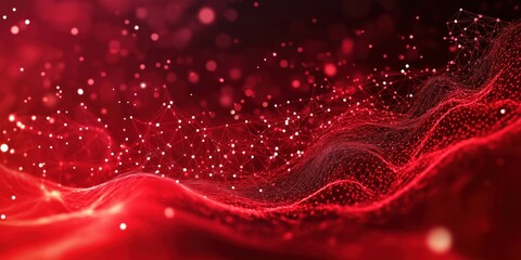 Abstract red background features network mesh, particle connections creating wavy design. Dynamic interplay of points, lines suggest data flow energy pulses. Ideal for tech presentations creative