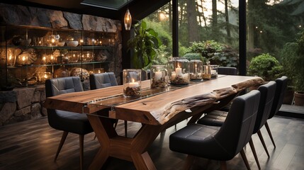 Obraz premium Stylish modern dining room featuring a rustic wooden live edge table. The perfect fusion of natural charm and minimalist design.