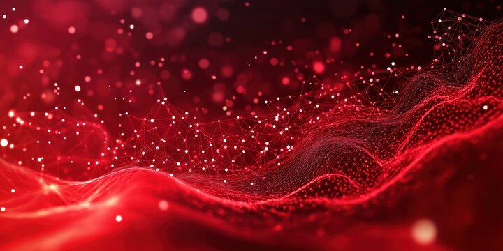 Abstract red background features network mesh, particle connections creating wavy design. Dynamic interplay of points, lines suggest data flow energy pulses. Ideal for tech presentations creative