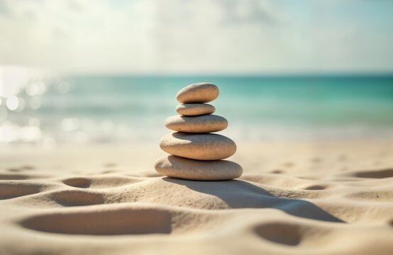 Pebbles stacked on beach sand near ocean. Tranquil scene. Calm water. Sun shines. Peaceful beach vacation. Natural beauty. Zen like moment. Peaceful scene. Relaxation. Calm.
