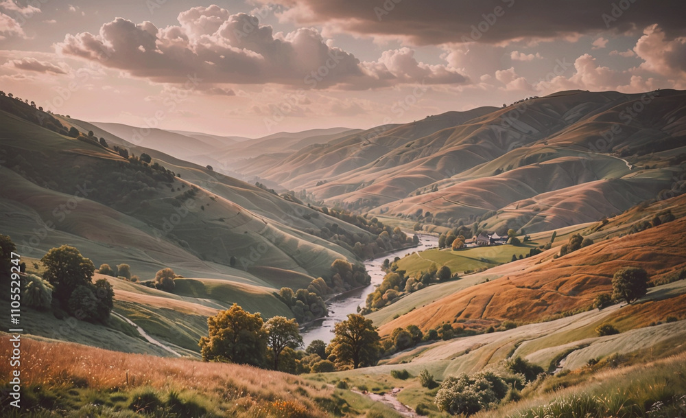 Aufkleber valley with a river running through it. the valley is surrounded by hills and trees. the sky is clou