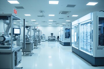 Obraz premium Modern AI-Driven Factory Interior Featuring Advanced Robotics and Automation Technology for Efficient Manufacturing Processes