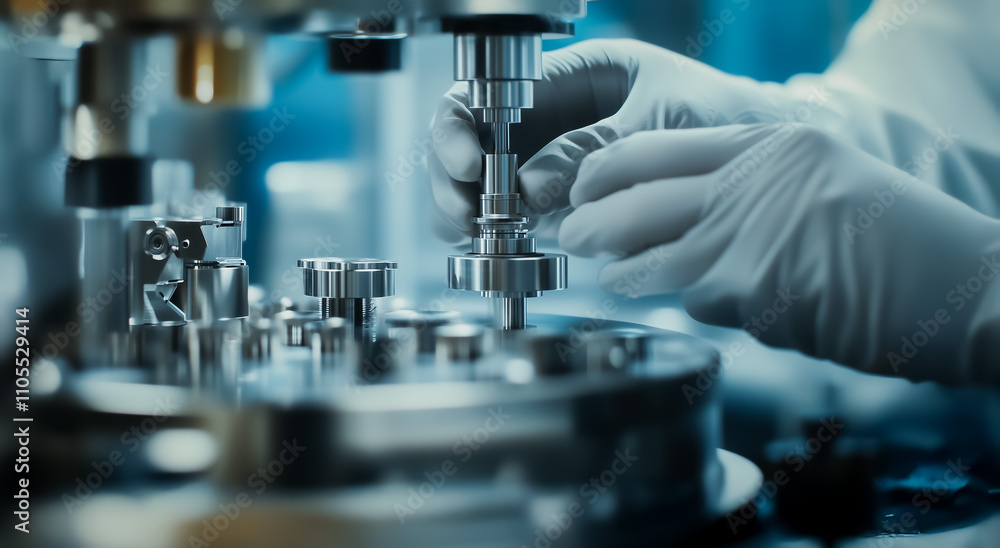 Poster close-up image of precision assembly using protective gloves to handle intricate mechanical parts, f