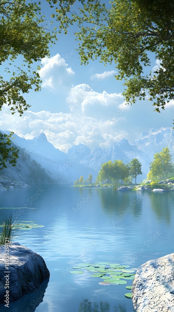 Poster 11. a peaceful lake view with mountains in the background and a large open sky for text placement