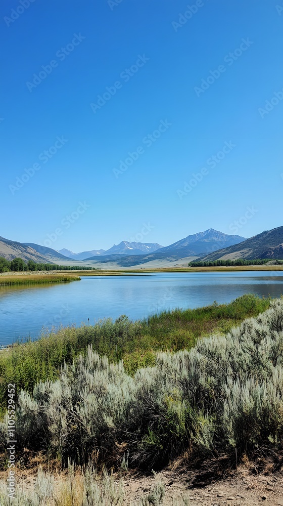 Aufkleber 11. a peaceful lake view with mountains in the background and a large open sky for text placement