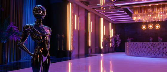 Elegant Chrome Robot in Futuristic Purple Hotel Lobby