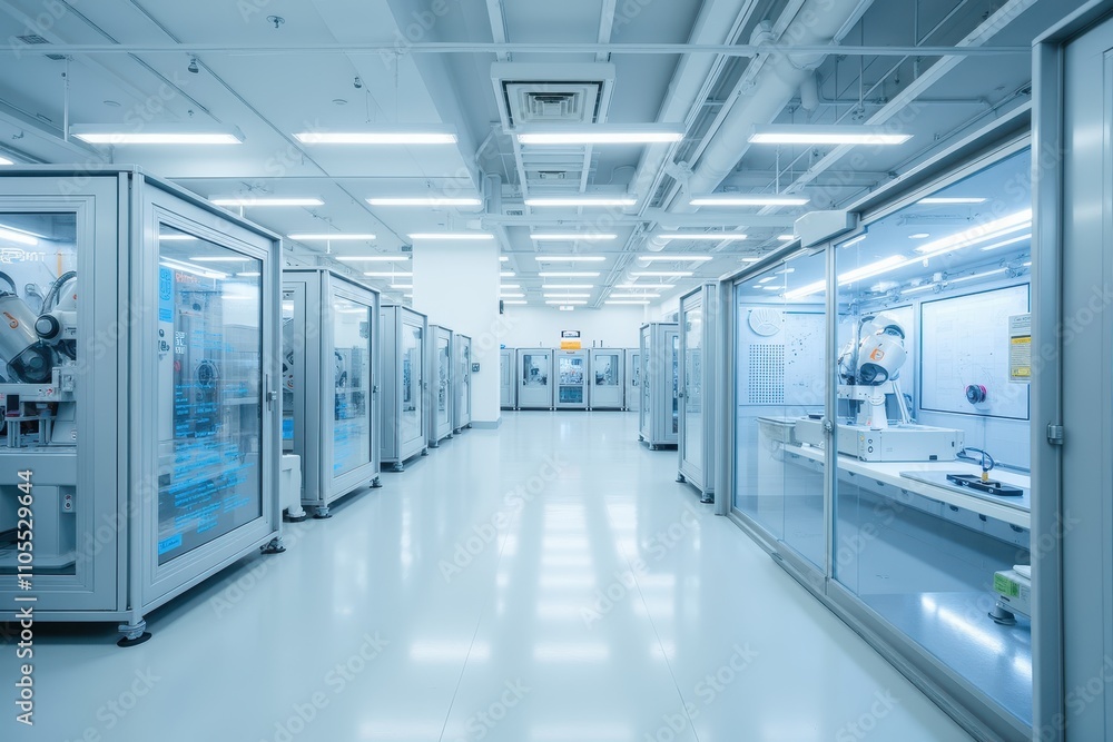 Poster modern factory interior featuring advanced ai technology and automated machinery in a bright, high-t