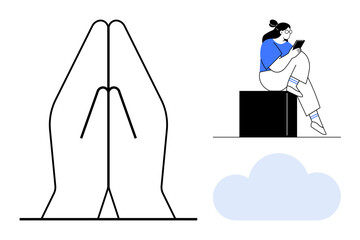 Praying hands gesture, woman sitting and using tablet on a box, light blue cloud. Ideal for meditation apps, technology, digital communication, self-reflection, spiritual content, cloud services