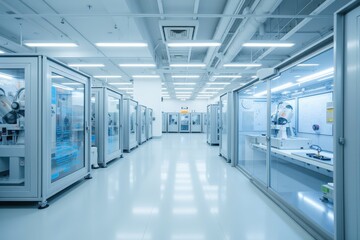 Modern Factory Interior Featuring Advanced AI Technology and Automated Machinery in a Bright, High-Tech Environment with Glass Enclosures and Clean Design