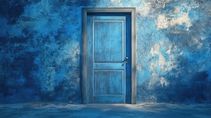 A striking blue wooden door set against a textured blue wall, creating a calming and inviting atmosphere.
