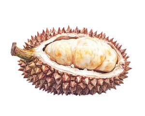 Obraz premium Durian fruit, split open, revealing creamy edible sections, white isolate background.