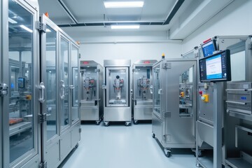 Modern Pharmaceutical Production Facility Featuring Advanced Machinery and Equipment for Medicine Manufacturing Processes in a Clean Environment