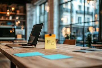 Bright workspace featuring a laptop and sticky notes in a modern office setting during the day