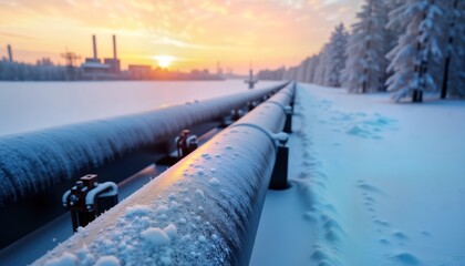 Long pipeline network stretches across snowy landscape during winter sunrise. Pipes covered in frost, snow represent energy infrastructure. Industrial setting visible in background. Winter conditions