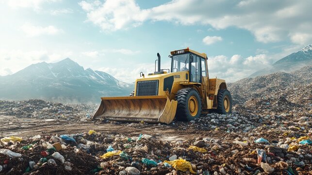A powerful yellow bulldozer stands in a landfill, surrounded by scattered debris and mountains in the background.