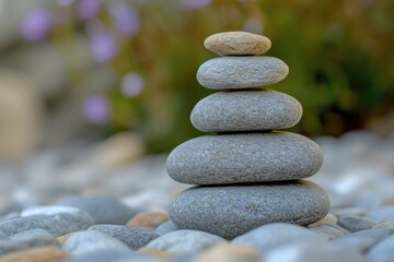 Stack of balancing pebbles creating harmony and tranquility in nature