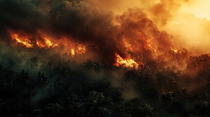 Fototapeta premium A devastating wildfire engulfs a tropical forest at dusk, casting an orange glow over the darkening sky.