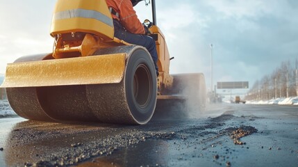 A male construction worker operating a yellow roller compactor on a road under a cloudy sky.