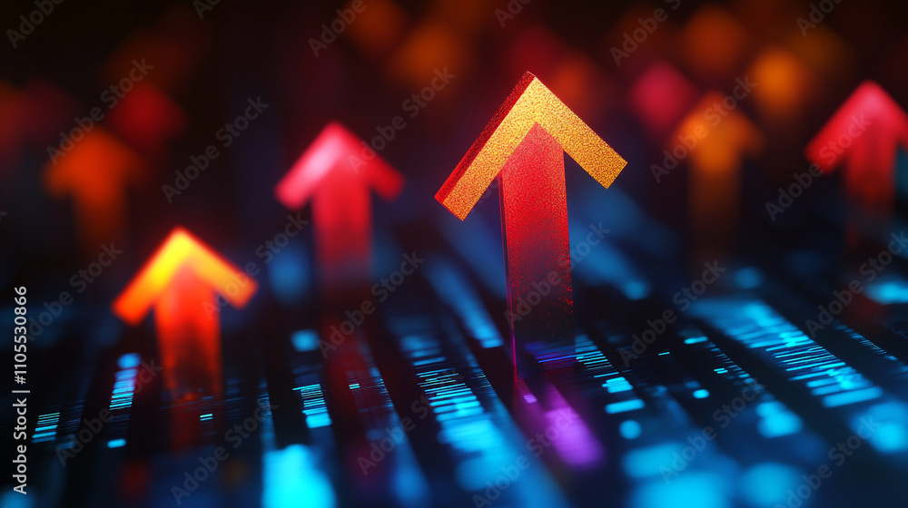 Aufkleber colored arrows pointing upward on a dark surface represent growth and progress