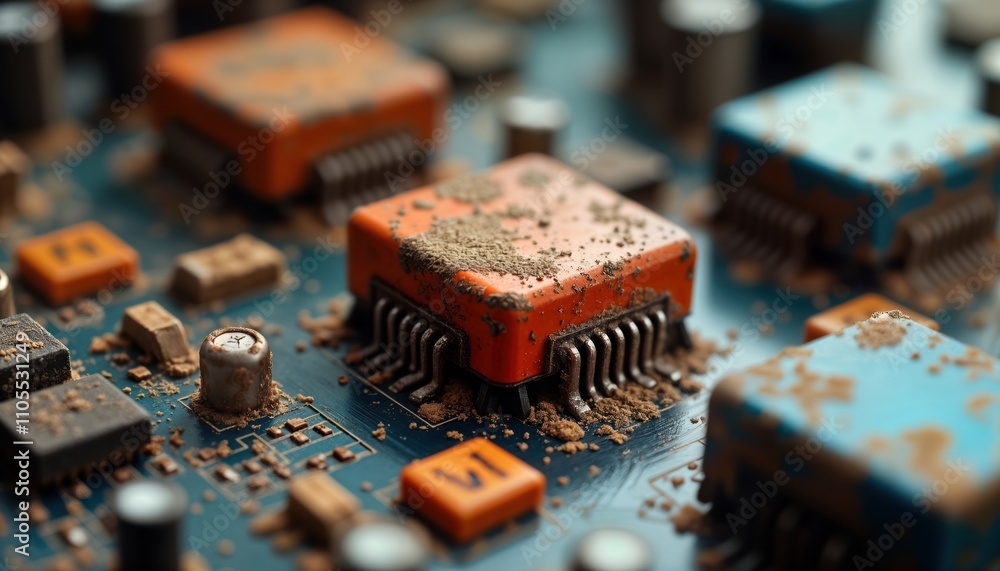 Poster Closeup view of dirty computer circuit board. Old tech parts covered in dust. Refurbishing concept evident. Complex electronic components seen. Details of obsolete tech in focus. Macro shot of