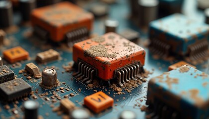 Closeup view of dirty computer circuit board. Old tech parts covered in dust. Refurbishing concept evident. Complex electronic components seen. Details of obsolete tech in focus. Macro shot of