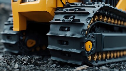 Close-up of a yellow construction vehicle's track and wheels on a rocky surface.