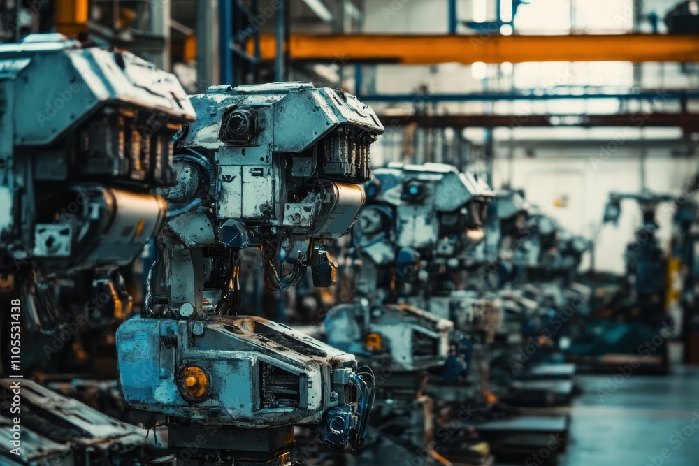 Poster robots lined up in industrial facility ready for automation tasks