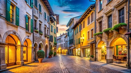 Obraz premium Charming Old Town Street in Pordenone, Italy, Showcasing Historic Architecture, Cobblestone Pathways, and Quaint Shopfronts with Ample Copy Space for Text or Imagery