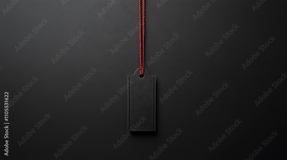 Poster black tag with red string hanging against solid black background, creating minimalist and elegant lo