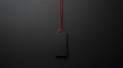 Black tag with red string hanging against solid black background, creating minimalist and elegant look. Perfect for branding or product labeling