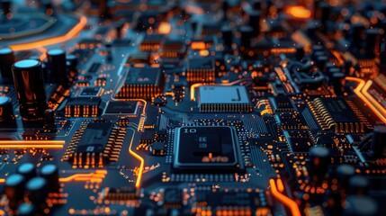 Obraz premium Close-up of a Circuit Board with Glowing Lines