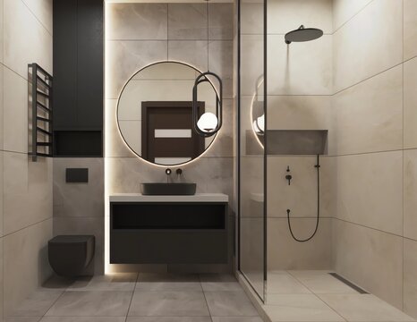 Interior design of a bathroom with shower. Black sanitary ware in the bathroom. Concealed rain shower. Black countertop washbasin and round mirror in the bathroom. Hanging near the mirror in the bathr - Powered by Adobe
