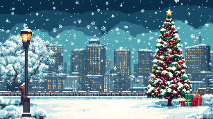 2d pixel art of christmas tree on street, winter season, snow street