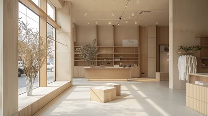 Style Sanctuary: Serene outfit store with minimalist design, in a peaceful mall corner