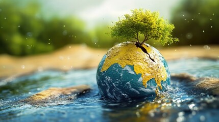 A vibrant globe with a small tree growing from its cracked surface, symbolizing hope and resilience in nature.